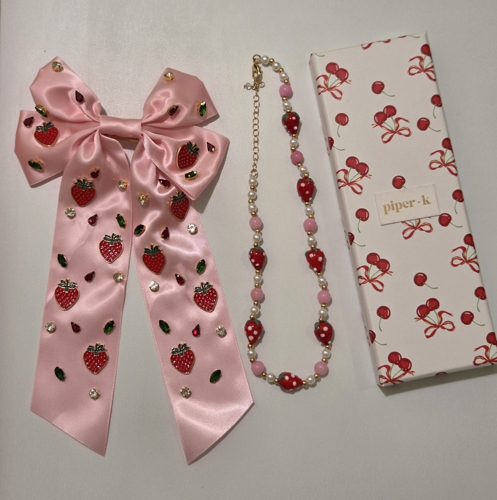 Strawberry Embellished Bow and Piper K Necklace Set